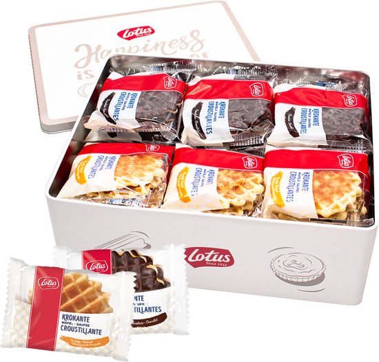 Lotus Collection koekjesdoos 'krokante wafel mix' - Krokante Wafels vanille & Krokante Wafels met chocolade - koeken voor bij de koffie - 492g