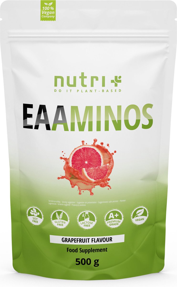 Goedkoopste nutri EAA Poeder Grapefruit - Hoogste Dose - EAA Essential Aminos veganistisch poeder - Essentiële aminozuren - 500 g