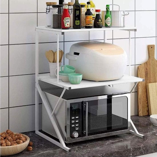 Armoire à épices et micro-ondes - structure d'étagères en métal et bois - organisateur pour outils et ustensiles de cuisine - armoire à micro-ondes au design moderne (blanc)