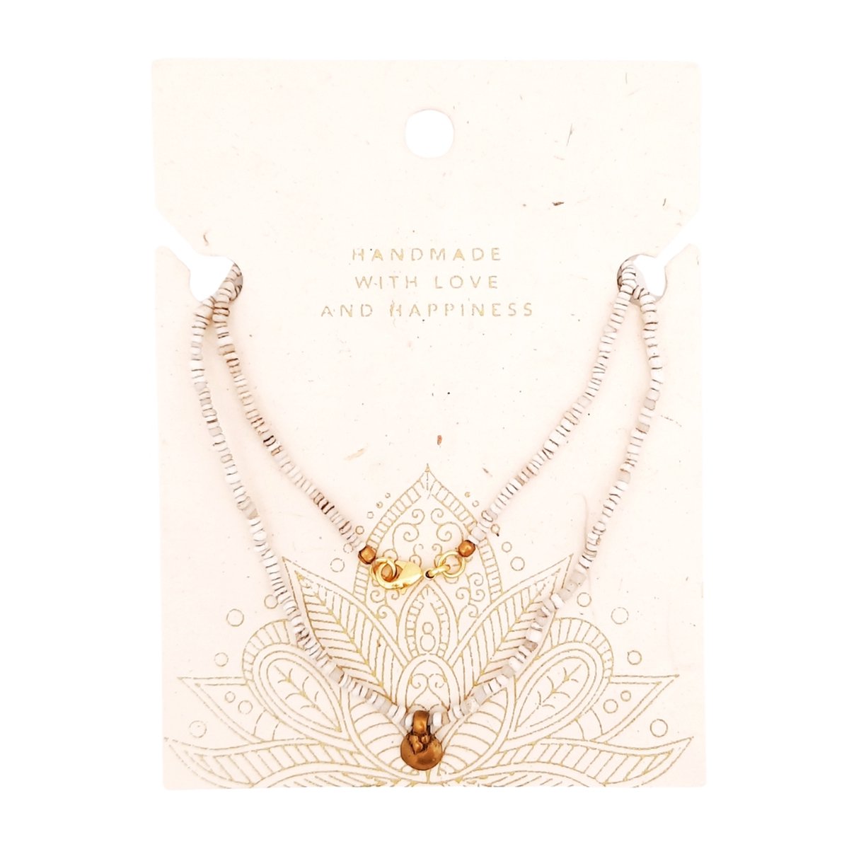 Collier | Bonda | Wit | Bronzen Bedeltje - oude Bonda glaskraaltjes & bronzen bedeltje, gebroken wit