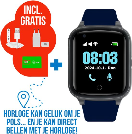 Wiesba WB73S - GPS Horloge Senior - Smartwatch voor Ouderen - Persoonlijke alarmen - alarm horloge ouderen - GPS Horloge Alzheimer - Valdetectie - Blauw