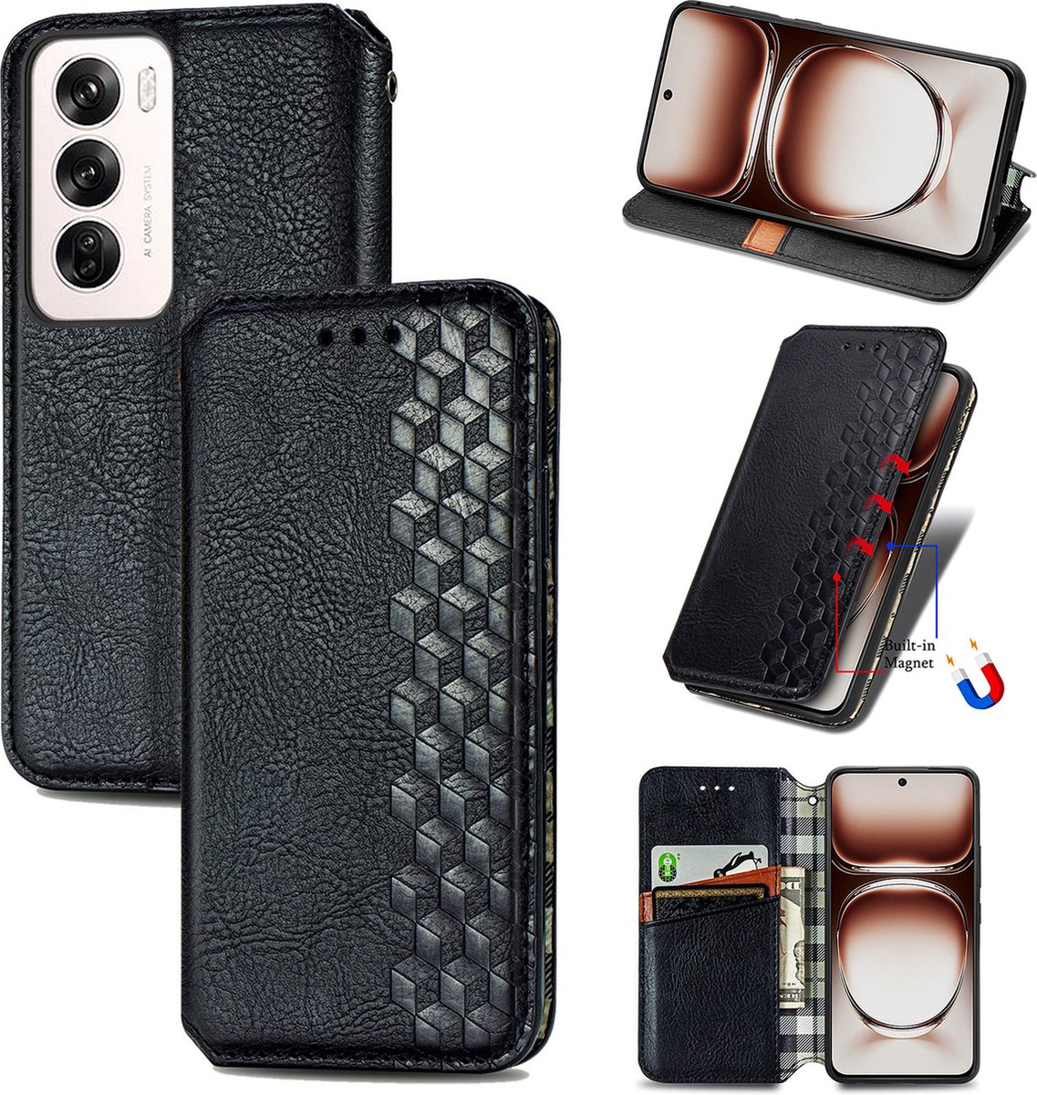 Luxe PU Lederen Ruitpatroon Wallet Case + Screenprotector voor OPPO Reno 12 _ Zwart