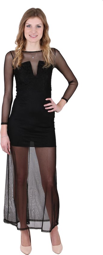 John Zack Zwarte sexy maxi-jurk, mesh