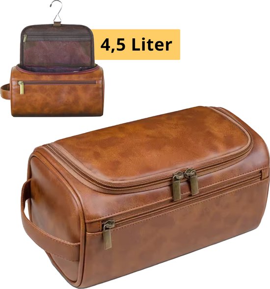 Garzini Toilettas heren - Toilettas mannen leder - Ophangbaar Toiletzak Heren - 4.5L - Travel Organizer Heren - Hangbaar met Haak - Cognac