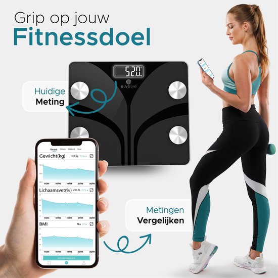 e.volve S5 Weegschaal Personenweegschaal Digitaal - Slimme Weegschaal met 20x Lichaamsanalyse - Digitale Weegschaal - Incl. App - Zwart