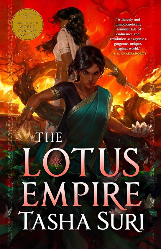 Book cover van "The Lotus Empire" met twee vrouwen en de tekst "The Lotus Empire Tasha Suri".