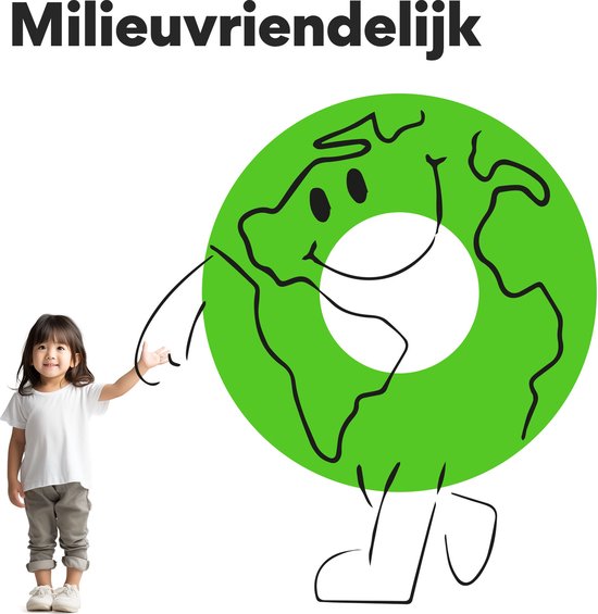 Een klein meisje staat naast een grote groene tekening van de aarde met armen en benen. De tekst 'Milfeudelijk' staat erboven.