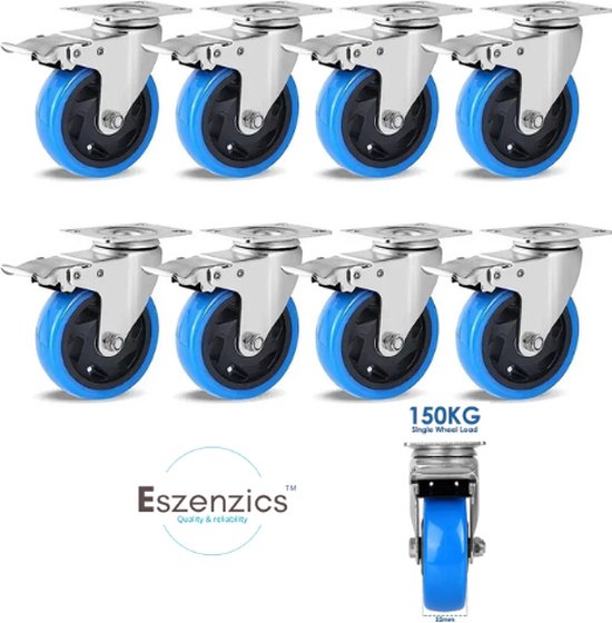 Roulettes industrielles Eszenzics™ - Set de 8 pcs - Charge 1200kg - Roues 100mm - Frein - Rotatif à 360° - Double roulements à billes - Polyuréthane silencieux - Acier galvanisé