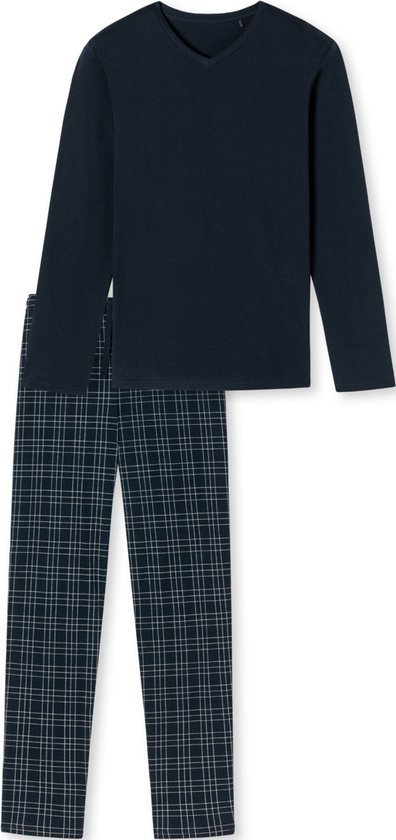 SCHIESSER Ensemble pyjama Fine Interlock - pyjama homme long interlock col V à carreaux bleu nuit - Taille : S