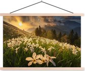 Posterhanger incl. Poster 150x100 cm - Schoolplaat - Bloemenveld - Heuvels - Zonsondergang - Berg - Natuur - Wit - Heuvels - Textielposter - Blanke latten