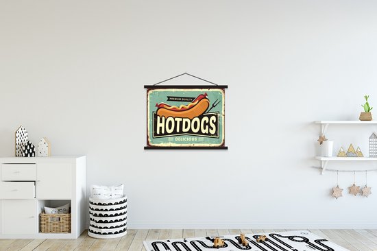 Porte-affiche avec affiche - Affiche scolaire - Hot dog - Vintage - Illustration - 60x45 cm - Lattes noires