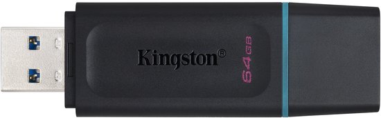 Zwarte Kingston 64GB USB 3.2 stick met blauwe accenten en Kingston logo.