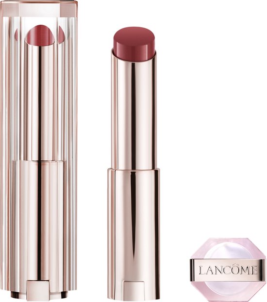 Lancôme lipstick in houder, open en gesloten, met de dop ernaast. Roze-bruine kleur.
