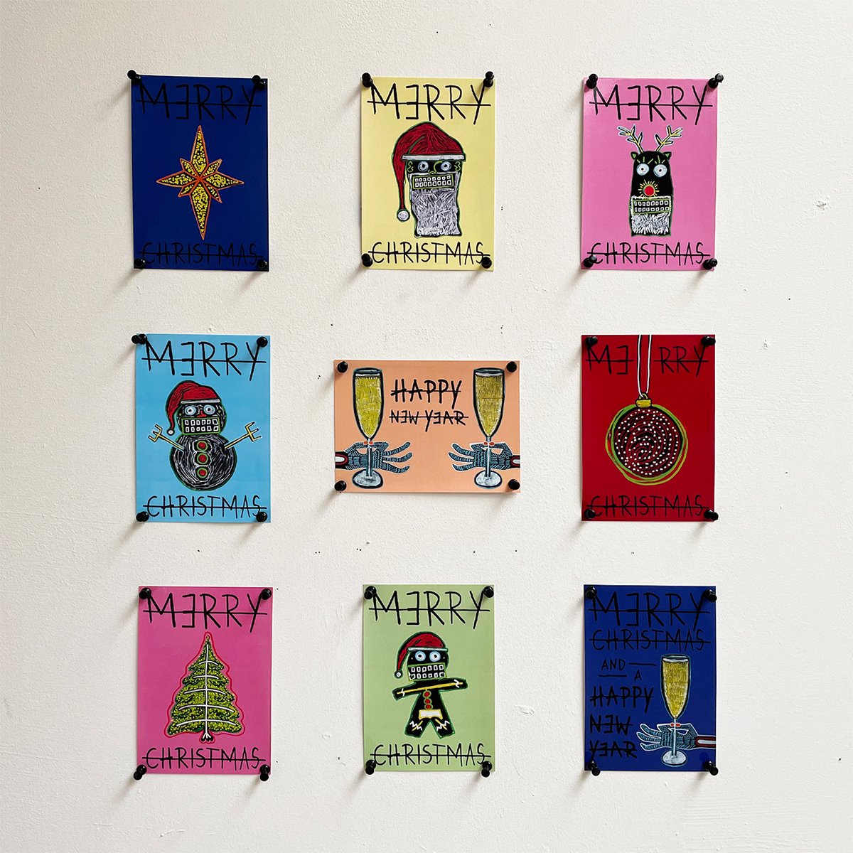 Kerstkaarten Merry Christmas and Happy New Year MULTICOLOR - set van 9 kaarten - A6 - van kunstenaar Frank Willems