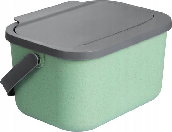 Groene bioafvalbak van 4,5 liter met grijs deksel en hendel aan de zijkant.