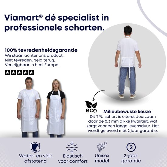 Viamart® - Tablier professionnel en TPU 0,3 mm - Unisexe - Cou et taille réglables - Perfect pour l'agroalimentaire, l'industrie et les loisirs - Imperméable et résistant à l'abrasion - Couleur : Wit