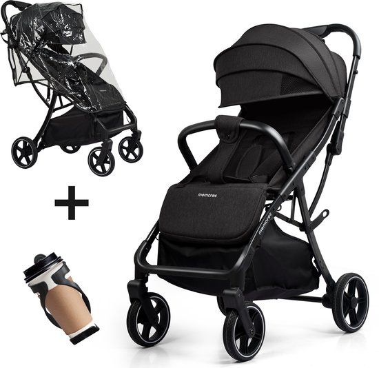 Memores Plooibuggy Zwart - Buggy Inklapbaar Inclusief Regenhoes en Bekerhouder - Peuter -Extra licht & Compact voor Vliegtuig, Auto & OV - Extra Veilig en Wendbaar door Grote Massieve Wielen - Tot 4 jaar - Kinderwagens - Wandelwagen - M1