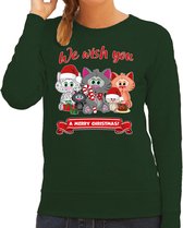 Bellatio Decorations Foute Kersttrui / sweater voor dames - We wish you - groen - kerst katjes - dieren XS