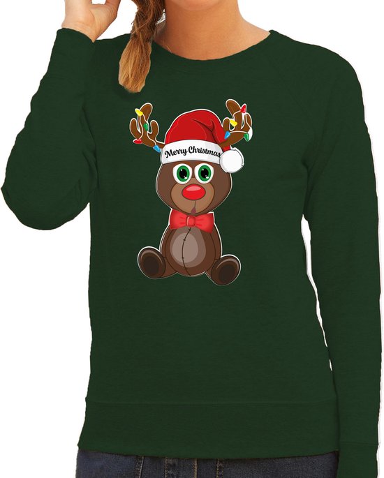 Bellatio Decorations Foute Kersttrui/sweater voor dames - Merry Christmas - groen - kerst rendier XL