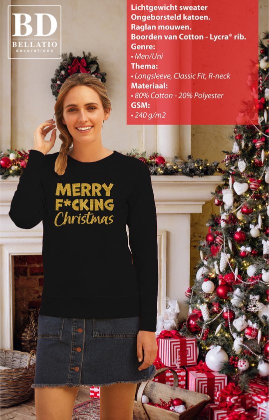 Bellatio Decorations pull de Noël moche/pull pour dames - F*cking - noir - or pailleté - Père Noël M