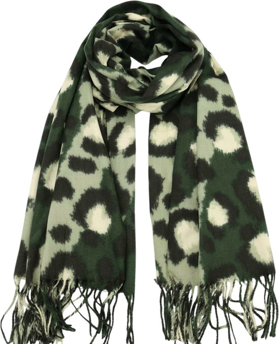 Lange Warme Sjaal – Panterprint – Groen – Beige – 180 x 70 cm (22-10)