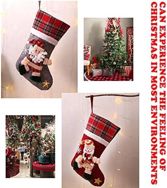 TIDEVAN 4pcs Kerstsokken,Kerstsokken om te Vullen Kerstkousenset voor het Ophangen aan open Haarden Muren Trappen en Kerstbomen Worden Opgehangen Kerstversieringen Kerstman Sneeuwman Rendier Beer Rood