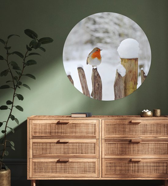 WallCircle® - Papier peint cercle 100x100 cm - Stickers muraux Rouge-gorge sur une clôture enneigée - Cercle mural salon - Cercle mural chambre - Décoration de chambre autocollante - Accessoires de Décoration murale XXL
