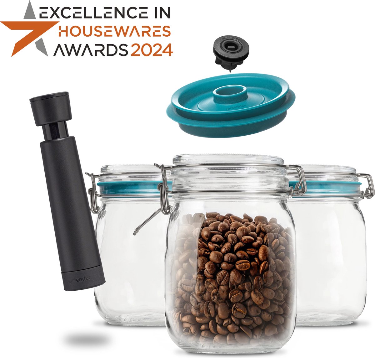 Airtender & Kilner® Vacuüm Weckpotten Set – 1,0L – 3 Stuks met Vacuümpomp – 5x langer Vershouden, Sneller Fermenteren & Inmaken - Nu met GRATIS pomp
