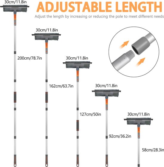 Telescopische raamreiniger, 3-in-1, professionele raamreiniger met telescoopgreep, uittrekbaar, 23-200 cm, voor hoge ramen binnen en buiten — afbeelding 3