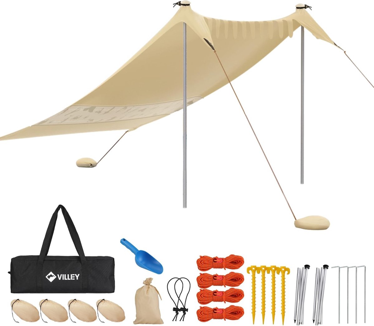 Zonnetent 2 m x 2,4 m, kaki, UPF50+ uv-bescherming, lycra strandtent voor 3 personen, parasol strand met zandzak en 2 steunstaven, voor picknick, vissen, zonwering