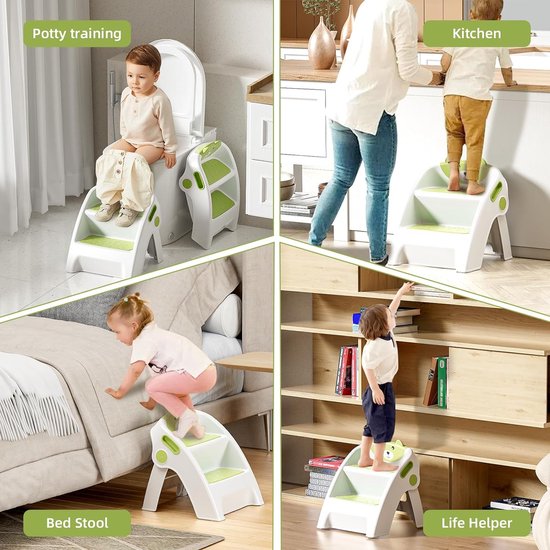 Marchepied Enfants 2 marches pour bébé, tour d'apprentissage pliable à partir de 6 mois, échelle à deux marches pour salle de bain, chambre d'enfant, cuisine, anti-inclinaison et antidérapant, vert