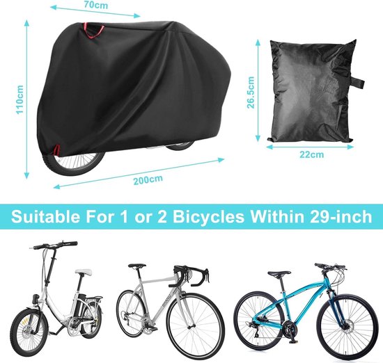 Zwarte fietshoes, afmetingen 200x110x70cm, past op 1 of 2 fietsen, 29 inch.