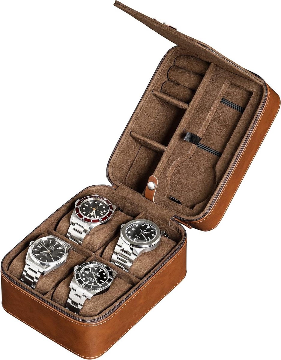 Horloge-opbergorganizer met ritssluiting voor 5 horloges - duurzaam en draagbaar - geschikt voor polshorloges tot 50 mm - bruin en lichtbruin