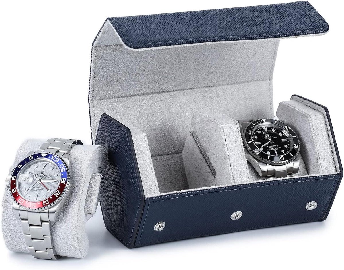 Zeshoekige horlogekoker van echt leer voor 2 horloges - reisbox horloges - blauw