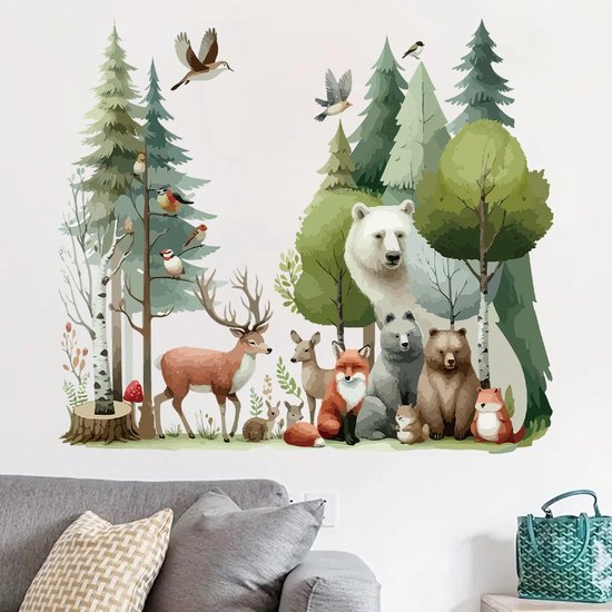 Muursticker Kinderkamer - Babykamer - 53x46cm - Bosdieren - Bos met Dieren - Bomen - Beren - Beer - Herten - Vos - Jongen - Meisje - Zelfklevend PVC