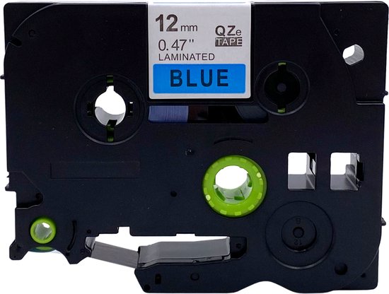Zwarte labeltape cassette van 12mm breed met blauwe tekst, "BLUE LAMINATED TAPE".