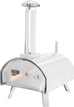 Buitentafelpizzaoven 35 cm 60 seconden kooktijd dubbelwandig draagbaar ingebouwde thermometer multi-fuel houtskool, hout pellets authentieke steenovenpizza's 500°C zilver roestvrij staal