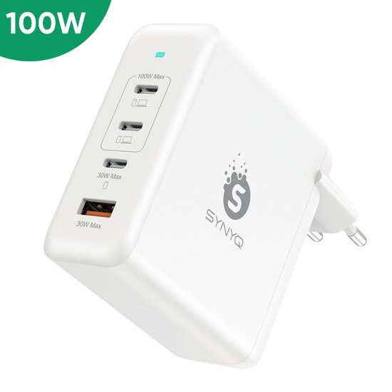 Chargeur blanc avec logo 'Synyq', indication '100W'. Possède 2 ports USB-C (100W Max, 30W Max) et 1 port USB-A (30W Max).