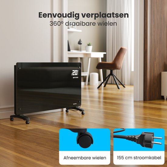 Auronic Chauffage Électrique - Convecteur avec Thermostat et Télécommande - Panneaux chauffants - jusqu'à 30 m² - Chauffage 2500W - Zwart