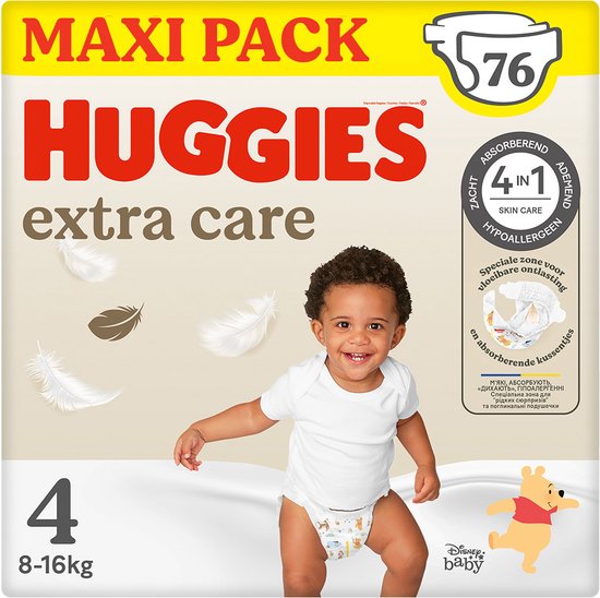 Huggies® Extra Care baby luiers, Maat 4 (8 tot 16 kg), 76 luiers met vochtindicator en Disney designs, Maxi Pack
