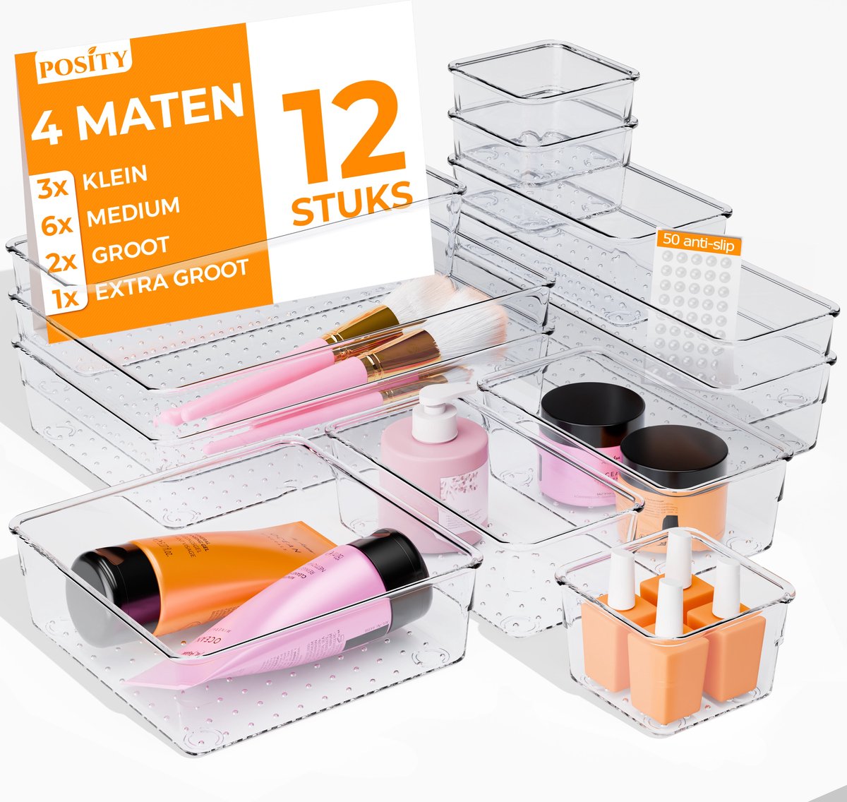 Posity Lade Organizer - 12 Stuks - Organizer Bakjes - Lade Bakjes - Opbergbakjes - Make-up Organizer - Voor Keuken, Badkamer & Bureau - Kunststof - Transparant