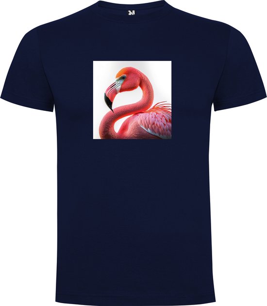 Donker Blauw T-Shirt met “ Kleurrijke Flamingo “ Print Full Color Maat 2XL