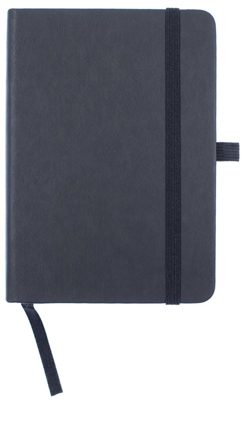 Vue de dessus d'un carnet noir A6 fermé avec bande élastique, marque-page ruban et passant pour stylo.