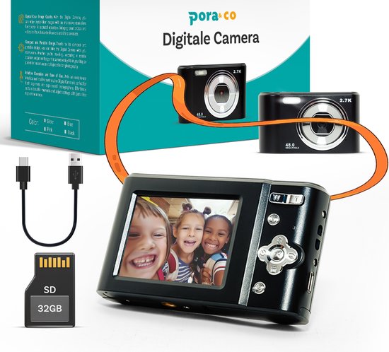 Foto: Pora co digitale camera fototoestel fotocamera compact camera vlog camera voor kinderen inclusief 32gb