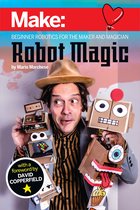 Boek 'Robot Magic' met op de cover een man met een hoed en strikt die zelfgemaakte robots vasthoudt.