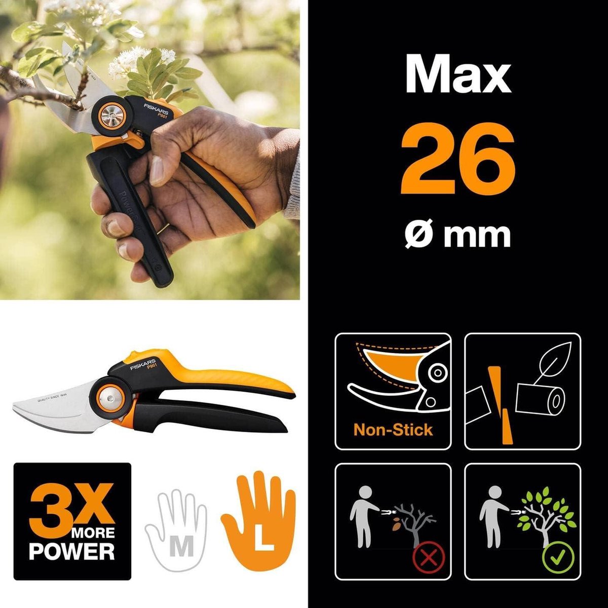 Bypass snoeischaar L X-Series PowerGear P961 roterende handgreep jonge takken twijgen antikleeflaag roestvrijstalen bladen 222 cm zwart oranje 1057175