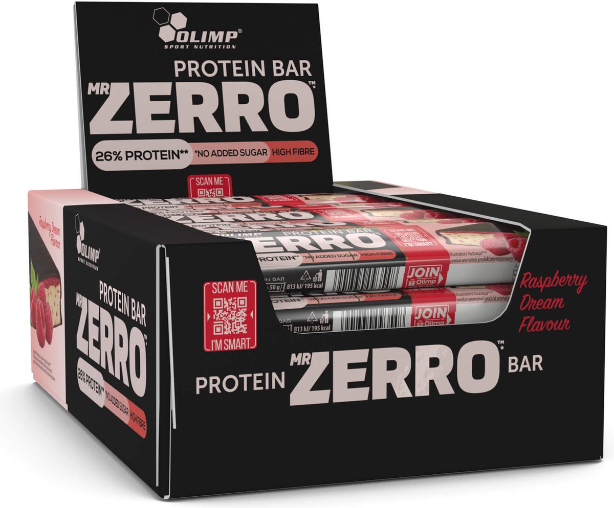 Goedkoopste Mr. Zerro protein bar 25 50g Raspberry Dream Flavour met vitamene D, B1, B3, B6, zinc, selenium, chromium, iodine