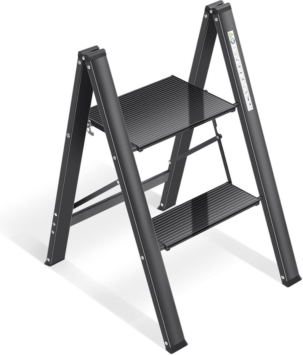 2-treden Aluminium Vouwladder met Breed Antislippedaa Opvouwbare Draagbare Trapladder voor Thuis Keuken en Kantoor Zwart