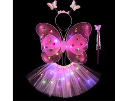 foto van Vlindervleugels Roze – verkleedset met lichtgevende vlinder vleugeltjes met LED lampjes – fee prinses verkleden – 4-delig (vleugeltjes, haarband, toverstaf, rokje)
