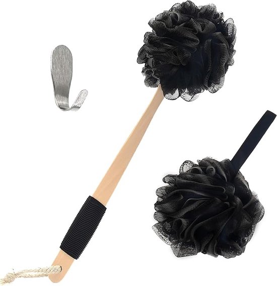 Foto: Badborstel dry brush rug scrubber lichaamsborstel rugborstel douche met steel huidborstel doucheborstel bad doucheaccessoires badborstel met steel doucheborstel rugborstel zwart